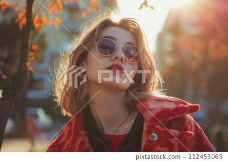 A woman wearing sunglasses and a red coat stands in front of a tree 112453065