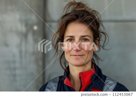 A woman with red hair and a red jacket is smiling 112453067