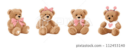 Cute cartoon bear doll set for babies and children. Fluffy soft stuffed toys. Little teddy bears vector illustrations in trendy style isolated on white background. Beige brown and pink colors. Cute cartoon bear doll set for babies and children. Fluffy soft stuffed toys. Little teddy bears vector illustrations in trendy style isolated on white background. Beige brown and pink colors. 112453140