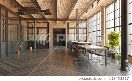A large open room with a wooden table and chairs 112453217