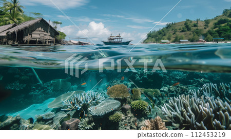 A beautiful underwater scene with a boat in the middle 112453219