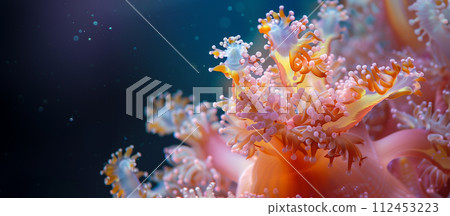 A close up of a pink and orange flower with a blue background A close up of a pink and orange flower with a blue background 112453223