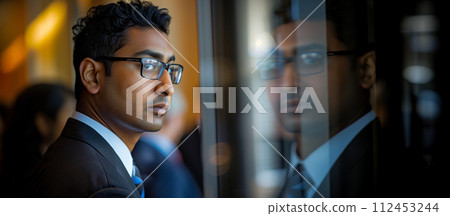 A man in a suit is looking out a window A man in a suit is looking out a window 112453244