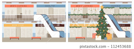 Empty shopping mall or supermarket aisle with escalator, retail many shops Christmas tree decoration vector interior set Empty shopping mall or supermarket aisle with escalator, retail many shops Christmas tree decoration vector interior set 112453688