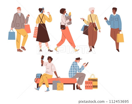 Happy people walking with shopping bags, cartoon smiling men and women carrying purchases from shopping mall vector set Happy people walking with shopping bags, cartoon smiling men and women carrying purchases from shopping mall vector set 112453695