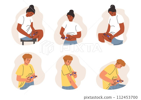 Set of sad men and women making self injections into different parts of bodies Set of sad men and women making self injections into different parts of bodies 112453700