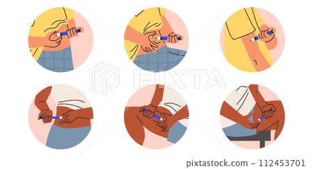 Diabetic patient using insulin pen syringe for making an self insulin injection to the stomach, leg arm areas vector set Diabetic patient using insulin pen syringe for making an self insulin injection to the stomach, leg arm areas vector set 112453701