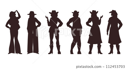 Silhouettes set of cowgirls or western horsewomen, flat vector isolated. Silhouettes set of cowgirls or western horsewomen, flat vector isolated. 112453703