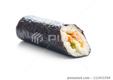 Close Up of a Sushi Roll on White Background Close Up of a Sushi Roll on White Background 112453704