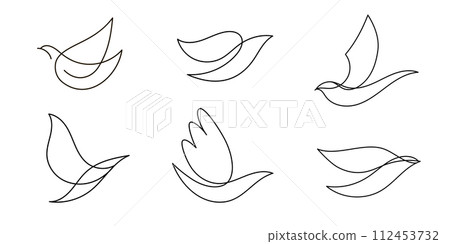 Vector set of monoline, line hand drawn bird logos. Flying dove, pigeon freedom illustrations. Sketches, symbols isolated. 112453732
