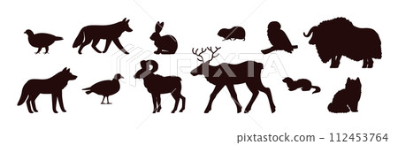 Wild animal of the tundra and taiga fauna vector illustrations set, Arctic hairy animals and birds black silhouette 112453764