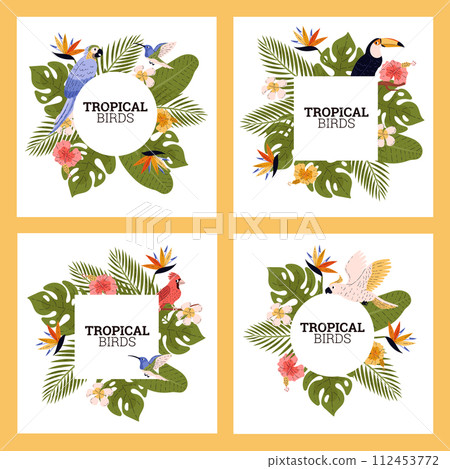 Tropical flora, fauna vector label paradise design set, cockatoo hummingbird bird, beautiful exotic blossom wild flowers 112453772