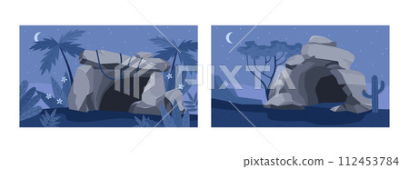 Set of landscapes with stone caves at night flat style Set of landscapes with stone caves at night flat style 112453784
