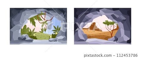View from stone caves entrance. Vector illustration in cartoon flat. View from stone caves entrance. Vector illustration in cartoon flat. 112453786