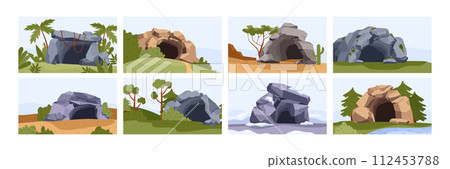 Stone caves, set of vector illustration in colored flat cartoon style 112453788