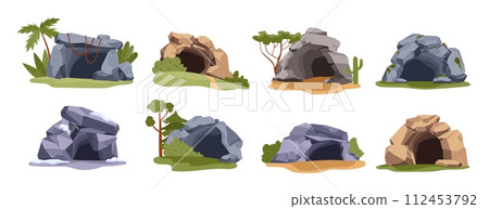Empty stone caves entrance in the forest or jungle, wild cave opened on lawn among the trees, old den in rock vector set 112453792