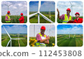 Wind Farm. Aerial View of Giant Wind Turbine Rotating in Strong Winds. Wind Energy Industry Workers. Renewable Energy - Photo Collage  112453808