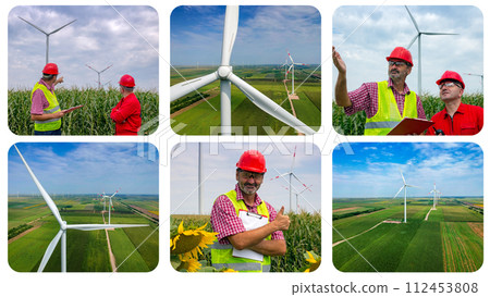 Wind Farm. Aerial View of Giant Wind Turbine Rotating in Strong Winds. Wind Energy Industry Workers. Renewable Energy - Photo Collage Wind Farm. Aerial View of Giant Wind Turbine Rotating in Strong Winds. Wind Energy Industry Workers. Renewable Energy - Photo Collage 112453808