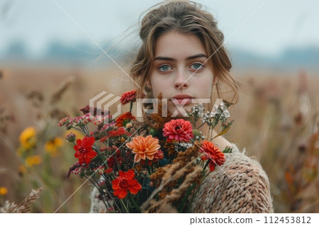 AI-generated content. Young woman standing in field, holding a bouquet of red flowers. 112453812