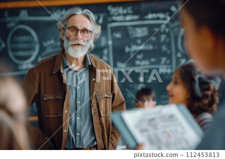 AI-generated content. A man with glasses stands in front of a blackboard with a group of students 112453813
