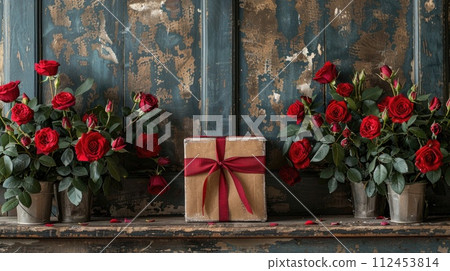 AI-generated content. Array of colorful flowers neatly displayed on a shelf as a festive gift production scene. 112453814