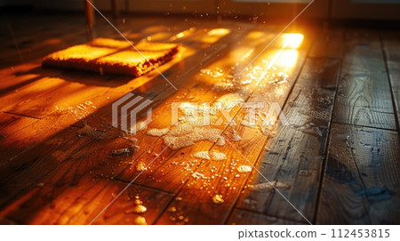 AI-generated content. A single piece of bread sitting on a wooden floor surface under the sun, with a rag nearby. AI-generated content. A single piece of bread sitting on a wooden floor surface under the sun, with a rag nearby. 112453815