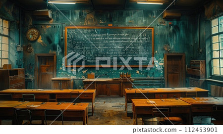 AI-generated content. An empty auditorium with wooden desks facing a chalkboard, ready for a lecture. 112453901