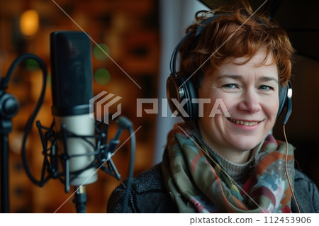 AI-generated content. A woman wearing headphones and smiling in front of a microphone AI-generated content. A woman wearing headphones and smiling in front of a microphone 112453906