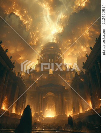 AI-generated content. A large building is engulfed in fire and smoke, creating a dramatic and intense scene. AI-generated content. A large building is engulfed in fire and smoke, creating a dramatic and intense scene. 112453954