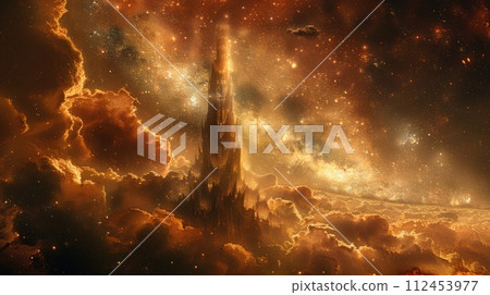 AI-generated content. A grand tower stands tall amidst swirling clouds and twinkling stars. 112453977