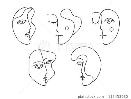 Vector set of woman and man monoline faces, cubism art faces, line portraits. Contemporary people logo drawing, minimalist shapes Vector set of woman and man monoline faces, cubism art faces, line portraits. Contemporary people logo drawing, minimalist shapes 112453980
