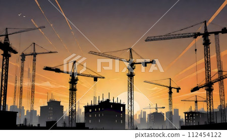 Modern Cityscape with Tall Buildings and Cranes Indicating Construction, Generative AI 112454122
