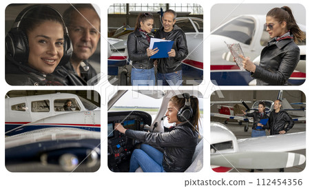 Flight School - Become a Pilot - Photo Collage. Portrait of Attractive Young Woman Pilot With Headset in the Airplane Cockpit. 112454356