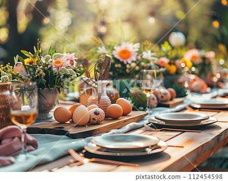 AI-generated content. Easter table setting, springtime party table decor with flowers, eggs and beautiful details, spring festive home party decorations AI-generated content. Easter table setting, springtime party table decor with flowers, eggs and beautiful details, spring festive home party decorations 112454598