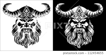 Viking Warrior Man Strong Mascot Face in Helmet 112454655