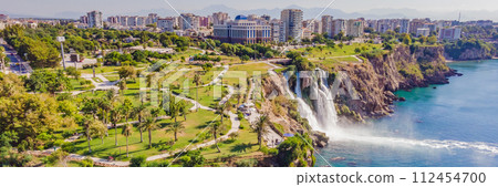 BANNER, LONG FORMAT Lower Duden Falls drop off a rocky cliff falling from about 40 m into the Mediterranean Sea in amazing water clouds. Tourism and travel destination photo in Antalya, Turkey BANNER, LONG FORMAT Lower Duden Falls drop off a rocky cliff falling from about 40 m into the Mediterranean Sea in amazing water clouds. Tourism and travel destination photo in Antalya, Turkey 112454700