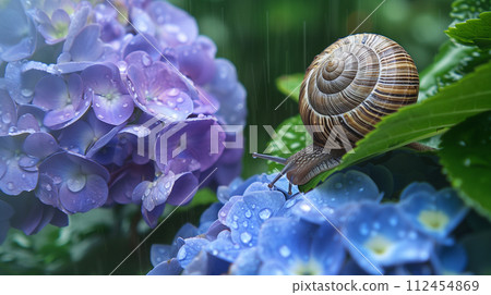 Snail on hydrangea rainy season image Snail on hydrangea rainy season image 112454869