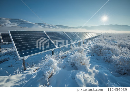 AI-generated content. Solar panels covered with snow, contrast between the icy landscape and the dark solar panels, showcasing the resilience of renewable energy technology in cold climates 112454989