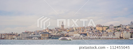 Muslim architecture and water transport in Turkey - Beautiful View touristic landmarks from sea voyage on Bosphorus BANNER, LONG FORMAT 112455045