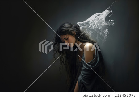 unhappy woman with bowed head and silhouette of howling wolf. Concept of depression, loneliness and mental problems 112455073