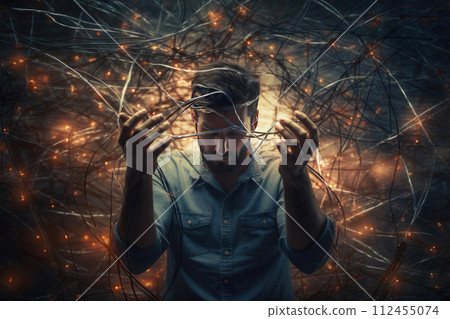 unhappy man stands in web of internet wires. Concept of social media addiction 112455074