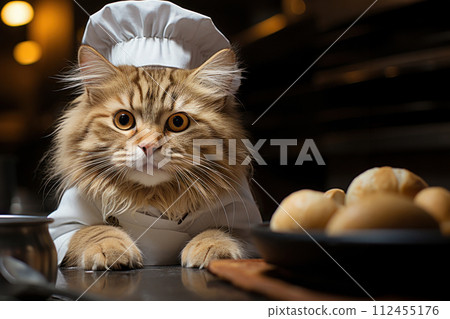 cute big cat as chef with white cap and costume in the kitchen of restaurant 112455176