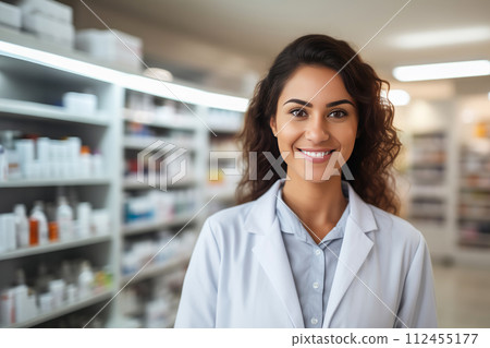 portrait of young woman pharmacist in drugstore portrait of young woman pharmacist in drugstore 112455177
