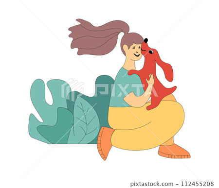 Happy young girl with dog and wild plants. Person and foliage in the park. Woman hugging a dog. Friends on a walk in the garden. Flat vector illustration isolated on white background.. 112455208