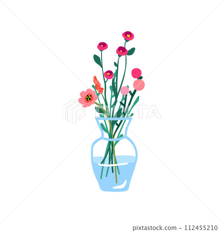 Spring flowers in vase. Gentle field floral plants. Fresh blooms. Simple fragile wild blossoms. Cut meadow wildflowers bouquet, stems isolated on white background. Flat vector illustration 112455210