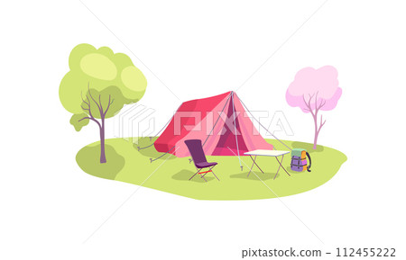 Forest tourist camp with tent, folding table and chair. Camping chair and table. Glamping resorts. Adventure tourism and travel. Campsite surrounded by trees. Bushcraft and backpacking. Vector Forest tourist camp with tent, folding table and chair. Camping chair and table. Glamping resorts. Adventure tourism and travel. Campsite surrounded by trees. Bushcraft and backpacking. Vector 112455222