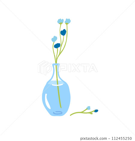Fresh flower in glass vase. Fragile delicate stems in water. Cut floral plant. Gentle spring blooms, blossomed summer wildflower bouquet isolated on white background. Flat vector illustration Fresh flower in glass vase. Fragile delicate stems in water. Cut floral plant. Gentle spring blooms, blossomed summer wildflower bouquet isolated on white background. Flat vector illustration 112455250