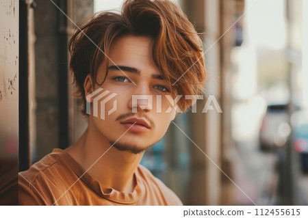A man with a beard and short hair is standing in front of a building A man with a beard and short hair is standing in front of a building 112455615