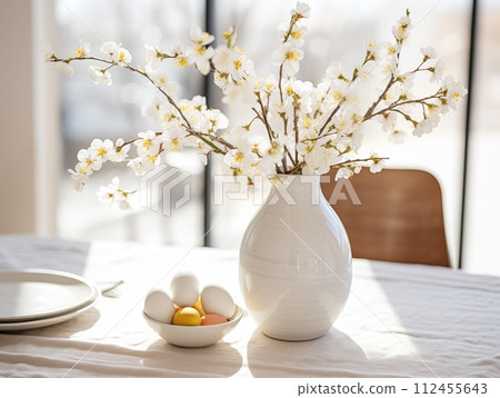 AI-generated content. Easter holiday home decoration, house interior decor for springtime, detailed decorative arrangement with flowers and eggs AI-generated content. Easter holiday home decoration, house interior decor for springtime, detailed decorative arrangement with flowers and eggs 112455643
