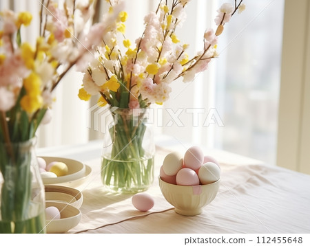 AI-generated content. Easter holiday home decoration, house interior decor for springtime, detailed decorative arrangement with flowers and eggs 112455648